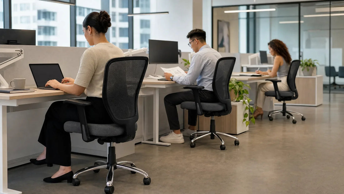 Profesionales trabajando en oficina con sillas operativas de malla