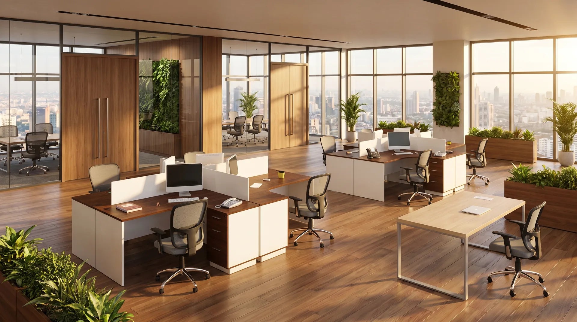 Oficina profesional equipada con estaciones de trabajo y sillas ergonómicas ConstruMarket
