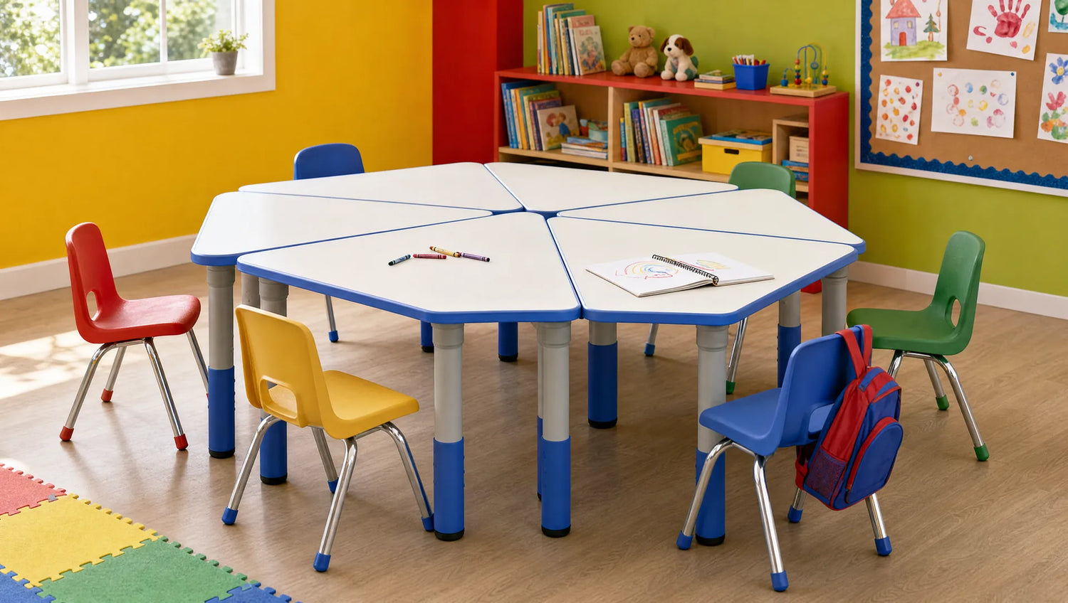 Aula con mesas trapezoidales y sillas infantiles ConstruMarket